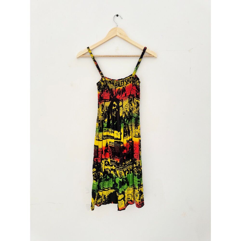 Rasta Reggae Bob Marley Print Smocked Sundress One Size Handmade Rayon
